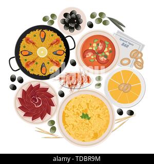 Kreis der typische Tapas und Gerichte der spanischen Küche auf weißem Hintergrund. Paella, Kartoffel, Omelette, iberischen Schinken Oliven, Gazpacho, Käse, Garnelen Stock Vektor