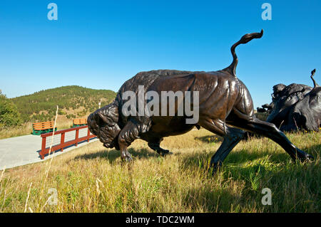 Bronze Skulpturen über Büffel Jagd in "Tatanka-Story der Bison' Museum (mit Kevin Costner) gegründet, Totholz, Grafschaft Lawrence, South Dakota, USA Stockfoto