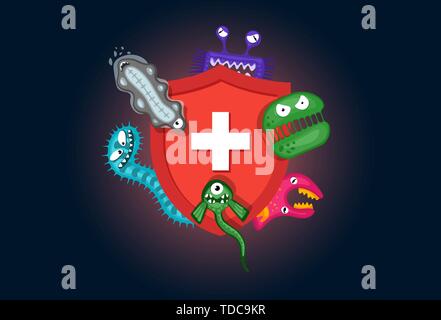 Immunsystem Konzept. Hygienische medical red Shield Schutz vor Virus Keime und Bakterien. Flache eps Vector Illustration auf dunklem Hintergrund Stock Vektor