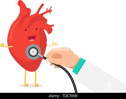 Cute cartoon lächelnd gesundes Herz Charakter glücklich emoji Emotion und Hand Stethoskop Durchflußmenge prüfen. Lustige Kreislauf- Orgel Kardiologie. Vektor e Stock Vektor