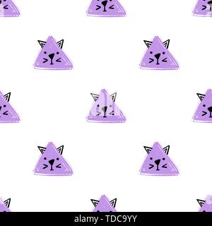 Kawaii Dreieck Katzen nahtlose Muster. Vektor Hand zeichnen Hintergrund mit den Gesichtern der Katzen. Endlose Hintergrund Bleistift Textur von Dreieck in Pastelltönen col Stock Vektor