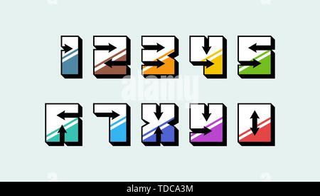 Zahlen bunte 3d Retro Vintage Style mit Pfeilen trendy Typografie bestehend aus 1 2 3 4 5 6 7 8 9 0 Poster Design oder Grußkarte. Vect Stock Vektor