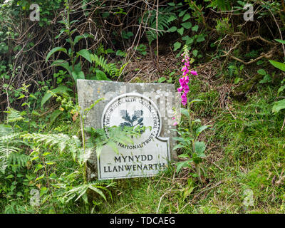 Mynydd LLanwnarth National Trust sign in der walisischen Sprache am Zuckerhut Brecon Beacons National Park Wales UK Stockfoto