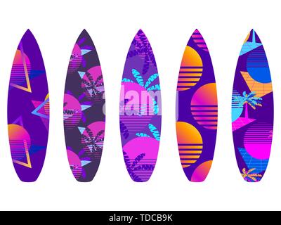 Surfbretter auf einem weißen Hintergrund. Arten von Surfbrettern mit einem Muster. Vector Illustration Stock Vektor