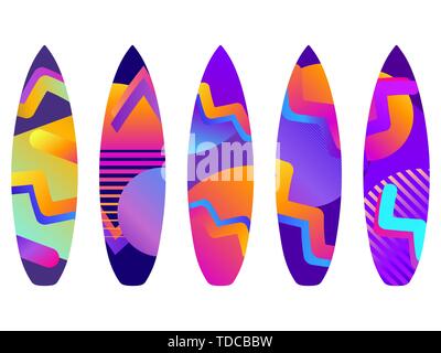 Surfbretter auf einem weißen Hintergrund. Arten von Surfbrettern mit einem Muster. Vector Illustration Stock Vektor