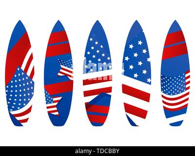 Surfbretter mit USA-Flagge auf einem weißen Hintergrund. Arten von Surfbrettern mit einem Muster. Vector Illustration Stock Vektor