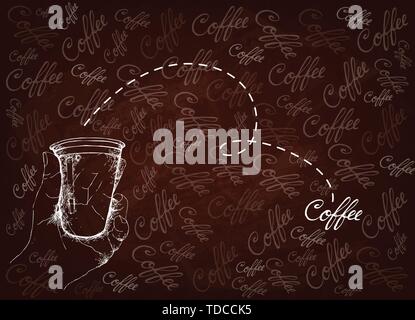 Kaffee Zeit, Illustration Hand gezeichnete Skizze einer Hand, die Takeaway Kaffee in eine Tasse auf braunen Hintergrund. Stock Vektor