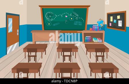 Bildung Klassenzimmer mit Schreibtischen und Bücher mit Tafel zurück Vector Illustration zur Schule Stock Vektor