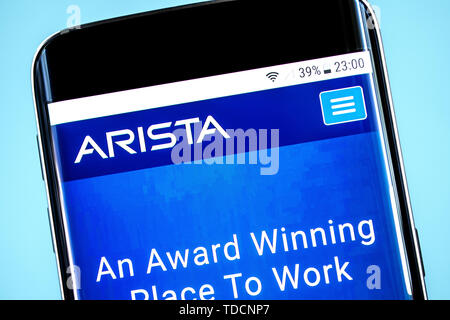 Berdyansk, Ukraine - 10 Juni 2019: Arista Networks Homepage. Arista Networks Logo sichtbar auf dem Bildschirm des Telefons, Illustrative Editorial. Stockfoto
