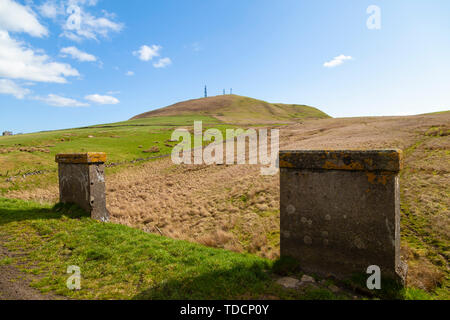 Panoramablick auf Klopfen Hügel aus der alten Bahnstrecke auf der North West Side, Fife, Schottland. Stockfoto