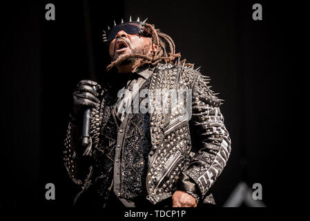 Florenz, Italien. 13. Juni, 2019. Benji Webbe, Sänger der britischen Rockband Skindred, live auf der Bühne des Florenz Rocks Festival 2019 in Florenz, Italien, Öffnung für die Smashing Pumpkins und Werkzeug Credit: Alessandro Bosio/Pacific Press/Alamy leben Nachrichten Stockfoto