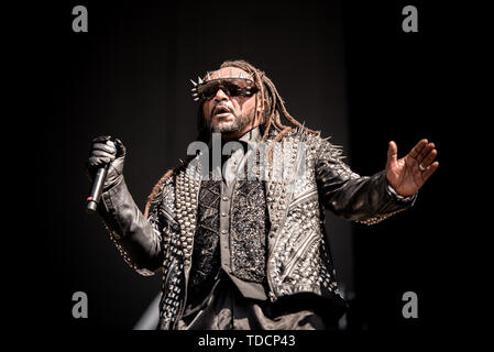 Florenz, Italien. 13. Juni, 2019. Benji Webbe, Sänger der britischen Rockband Skindred, live auf der Bühne des Florenz Rocks Festival 2019 in Florenz, Italien, Öffnung für die Smashing Pumpkins und Werkzeug Credit: Alessandro Bosio/Pacific Press/Alamy leben Nachrichten Stockfoto