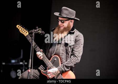 Florenz, Italien. 13. Juni, 2019. Michael Fry, Gitarrist der britischen Rockband Skindred, live auf der Bühne des Florenz Rocks Festival 2019 in Florenz, Italien, Öffnung für die Smashing Pumpkins und Werkzeug Credit: Alessandro Bosio/Pacific Press/Alamy leben Nachrichten Stockfoto