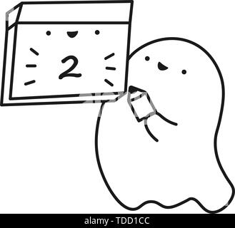 Funny ghost hält Kalender mit dem Tag des Monats. Maßbild. Vector Illustration Stock Vektor