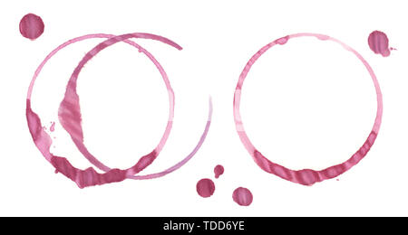 Rotweinflecken ringe Spuren von Gläsern und einige Blobs Stockfoto