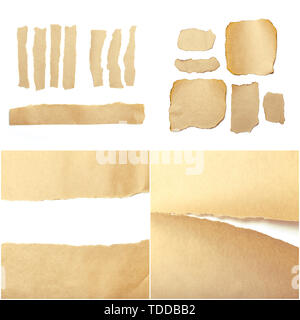 braune zerrissenen Stück Papier auf weißem Hintergrund Stockfoto