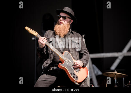 Florenz, Italien. 13. Juni, 2019. Michael Fry, Gitarrist der britischen Rockband Skindred, live auf der Bühne des Firenze Rocks Festival 2019 in Florenz, Italien, Öffnung für die Smashing Pumpkins und Werkzeug Credit: Alessandro Bosio/Pacific Press/Alamy leben Nachrichten Stockfoto