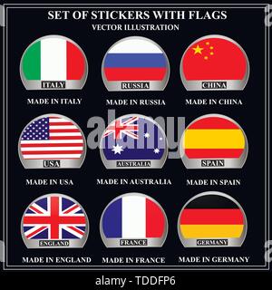 Helle Satz Aufkleber mit Fahnen. Bunte Illustrationen mit den Flaggen der Welt für Web Design. Vector Illustration mit schwarzem Hintergrund. Stock Vektor