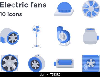 Elektrische Ventilatoren Symbole im flachen Stil festgelegt, lüftungsgeräte Vector Illustration Stock Vektor