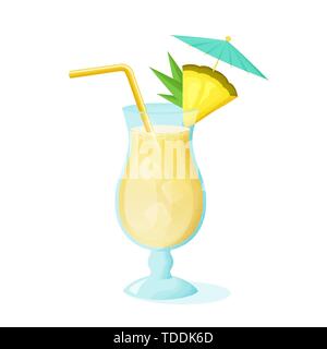 Pina Colada Cocktail mit ananasscheibe, Stroh und Regenschirm. Ein Glas alkoholisches Getränk auf weißem Hintergrund. Vector Illustration. Stock Vektor