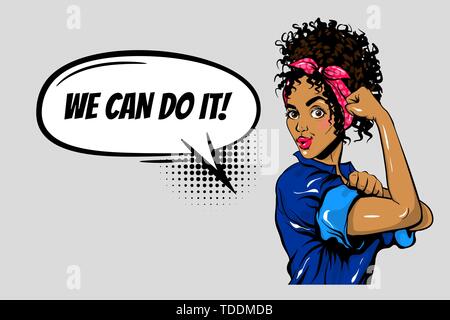 Wir können es schwarze Frau Girl Power Pop art Vector Illustration. Afro arm Faust Worker Rights. Super Hero Feminismus Poster Stock Vektor