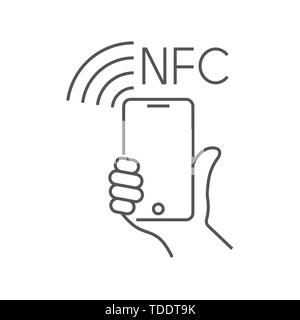 NFC-Technologie Zahlung, Vektor ounline Symbol. Hand und Smartphone. Contacless, Wireless Payment mit Kreditkarte Plastikkarte, Smartphone, POS-Terminal Stock Vektor