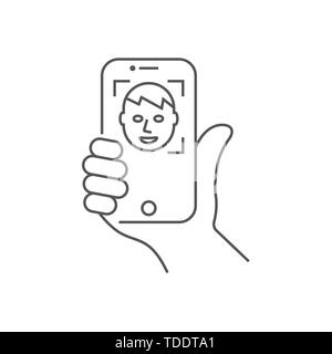 Hand mit einem Smartphone, vertikale Position. Selbstbildnis Bild oder Gesichtserkennung. Vector Illustration. Editierbare Schlaganfall. EPS 10. Stock Vektor