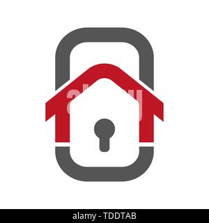 Home Sicherheit Logo Vorlage. Konzept des smart home Sicherheit. Kontrolle von Haus mit Smartphone. Bild in der Form von Smartphone mit Logo Der Stock Vektor
