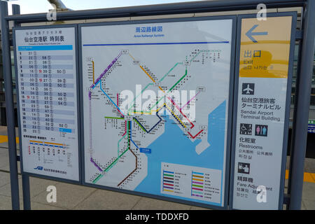 Anzeigen von Sendai Airport Station. Sendai Airport Station ist ein Bahnhof an der Sendai Airport Line in der Stadt von Natori, Miyagi, Japan Stockfoto