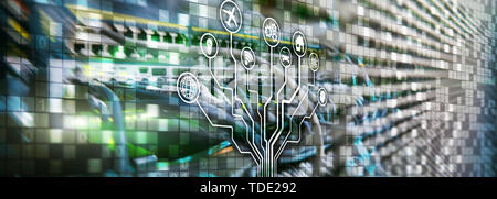 Smart Server-Konzept. IOT Internet der Dinge. Ikt Informations- und Kommunikationstechnologie. Diagramme mit Symbolen auf Server digitalen Hintergründen. Stockfoto