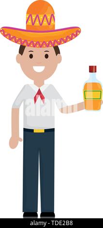 Mexikanische Mann mit tequila Flasche Charakter Vector Illustration Design Stock Vektor