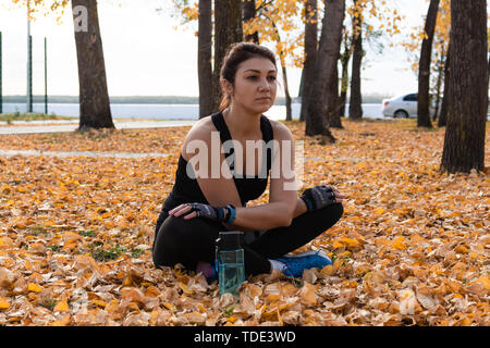 Attraktive Frau im Sport Kleidung Sport übungen in der Natur, auf dem Teppich der Blätter im Herbst, liebt, Gymnastik, Knetet seine Beine. Aktive junge g Stockfoto