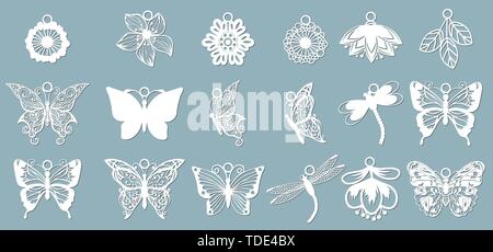 Eine Reihe von Schmetterling Muster, Libellen, in Form von Anhängern. Mit Vector Illustration von Schmetterlingen Vorlage. Laser für Plotter und si Stock Vektor