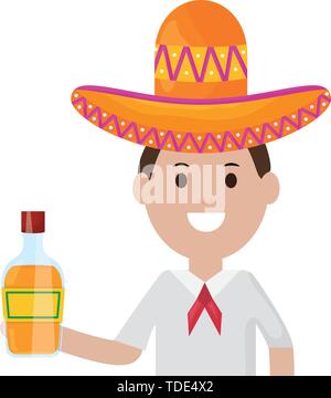 Mexikanische Mann mit tequila Flasche Charakter Vector Illustration Design Stock Vektor