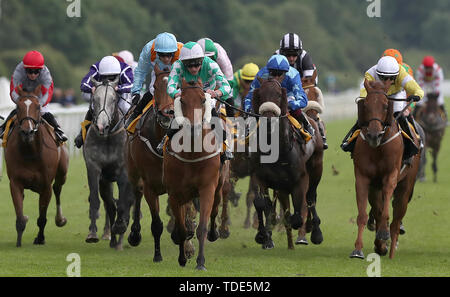 Firmament (Mitte) geritten von James Doyle gewinnt den JCB-Einsätzen, bei MacMillan Nächstenliebe Raceday an der Rennbahn von York, York. Stockfoto