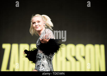 Florenz, Italien. 14 Juni, 2019. Die schwedische Sängerin Zara Larsson live auf der Bühne des Florenz Rocks Festival 2019 in Florenz, Italien, Öffnung für Ed Sheeran. Credit: Alessandro Bosio/Pacific Press/Alamy leben Nachrichten Stockfoto