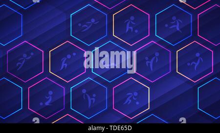 Fußball-Europameisterschaft hellen Hintergrund. Vector Illustration von leuchtenden Neon farbigen Hexagon Zellen und Fußballspieler Symbole über blauer Hintergrund Stock Vektor