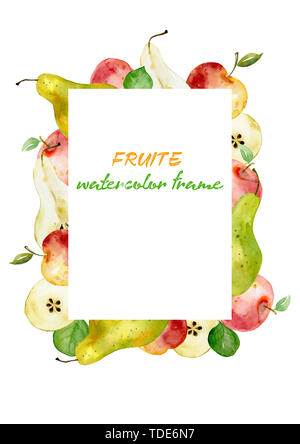 Rahmen aus Aquarell Früchte rote Äpfel, grüne Birnen. Rechteck Birnen äpfel Rahmen Früchte für packaging design Essen, Saft, Marmelade, Eis, smoothi Stockfoto