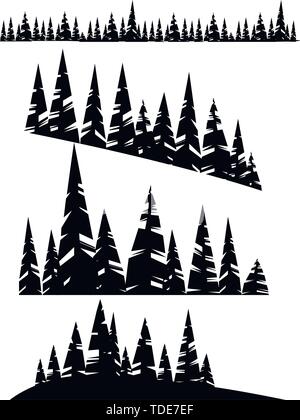 Schwarze silhouette Satz Winter immergrüne Nadelwald Bäume auf weißem Hintergrund flachbild Vector Illustration. Stock Vektor