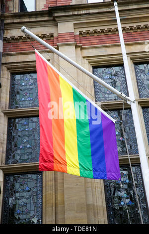 Ein Stolz Flagge hängt in zwischen RICS flags außerhalb der Royal Institution der Chartered Surveyors (RICS) Gebäude in London, in der Feier des Stolzes in London im nächsten Monat. Stockfoto