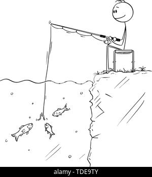 Vektor cartoon Strichmännchen Zeichnen konzeptionelle Darstellung der Mann ruhig sitzen in der Nähe von Wasser und Angeln oder fischen während mehrere Fische am Köder auf der Suche ist. Stock Vektor