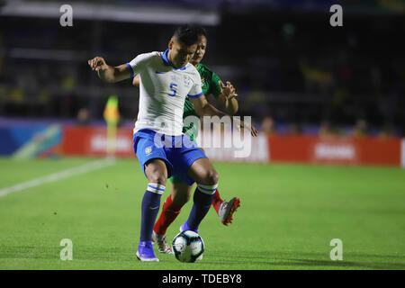 Sao Paulo, Brasilien. 14 Juni, 2019. Casemiro (vorne) von Brasilien konkurriert bei der Copa America 2019 Gruppe ein Fußballspiel zwischen Brasilien und Bolivien in Morumbi Stadion in Sao Paulo, Brasilien, 14. Juni 2019. Credit: Rahel Patrasso/Xinhua/Alamy leben Nachrichten Stockfoto