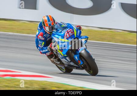 Barcelona, Spanien. 15 Juni, 2019. ALEX RINS (42) von Spanien und Team SUZUKI ECSTAR während der MOTO GP Freie Praxis 3 Der Ctalunya Grand Prix im Stromkreis de Barcelona Rennbahn in Montmelo, Spanien am 15. Juni 2019 (Foto: Alvaro Sanchez) Credit: CORDON PRESSE/Alamy Live News Credit: CORDON PRESSE/Alamy leben Nachrichten Stockfoto