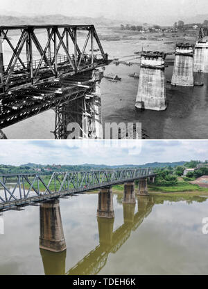 (190615) - chongqing, Juni 15, 2019 (Xinhua) - Combo Foto zeigt die Tuojiang River Brücke der Chengdu-Chongqing Eisenbahn im Bau 1951 (oben, Foto), und die Brücke noch im Dienst, Juni 12, 2019 (unten, Foto von Xue Yubin). Anschluss von Chengdu im Südwesten Chinas Provinz Sichuan und Chongqing Gemeinde, die 505-km-Chengdu-Chongqing Bahn ist die erste Eisenbahnstrecke contructed nach der Gründung der Volksrepublik China. Es wurde von China entworfen und mit einheimischen Materialien gebaut. Der Bau der Bahn im Juni 1950 traten, und die WHO Stockfoto