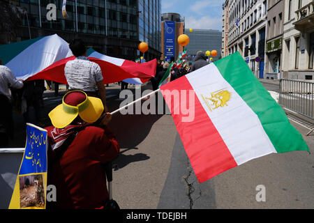 Brüssel, Belgien. 15 Juni, 2019. Die Demonstranten halten Iranische Fahnen, wie Sie eine Demonstration gegen die iranische Regierung und das System teilnehmen. Die Demonstration, organisiert von der Nationalen Widerstandsrates Irans (NWRI) gehalten wird, Iraner, die sich in ihrem Kampf für Freiheit und Demokratie im Iran zu unterstützen. Credit: ALEXANDROS MICHAILIDIS/Alamy leben Nachrichten Stockfoto