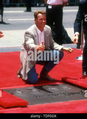 Hollywood, Kalifornien, USA, 14. Juli 1994 besucht Schauspieler Arnold Schwarzenegger Arnold Schwarzenegger Hand- und Fußabdrücke Zeremonie am 14 Juli, 1994 bei Mann Chinese Theatre in Hollywood, Kalifornien, USA. Foto von Barry King/Alamy Stock Foto Stockfoto