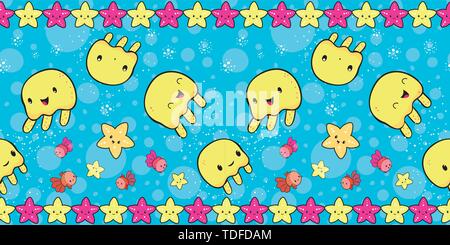 Adorable somersaulting Cartoon gelbe Qualle Grenze Design. Die nahtlose Vektor Muster auf Blau bubble strukturierten Hintergrund mit Seestern Einfassung. Große Stock Vektor