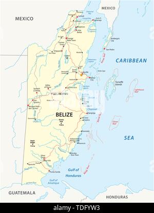 Straßenkarte des mittelamerikanischen Staates Belize Stock Vektor