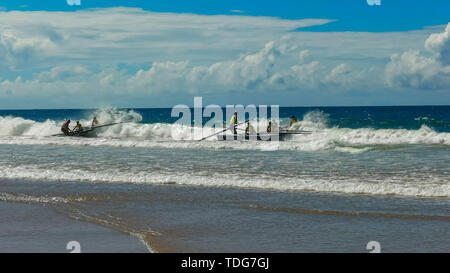 ALEXANDRA HEADLAND, Queensland, Australien - 21 April, 2016: Ein Marshall bereitet surfen Boote an der Start in einem Rennen während eines Surf Life Saving Karneval auf Stockfoto