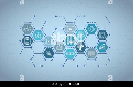 Industrielle Technologie Konzept mit industriellen Symbole Verbindung Vector Illustration Stock Vektor